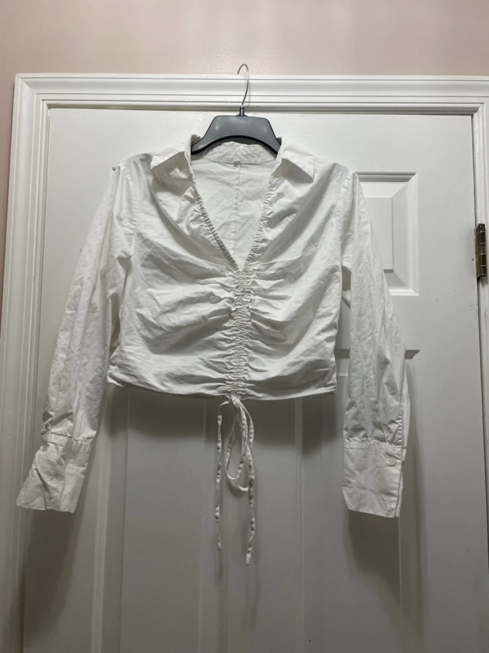 Women's White Ruched Drawstring Crop Top - Picture 2 of 5